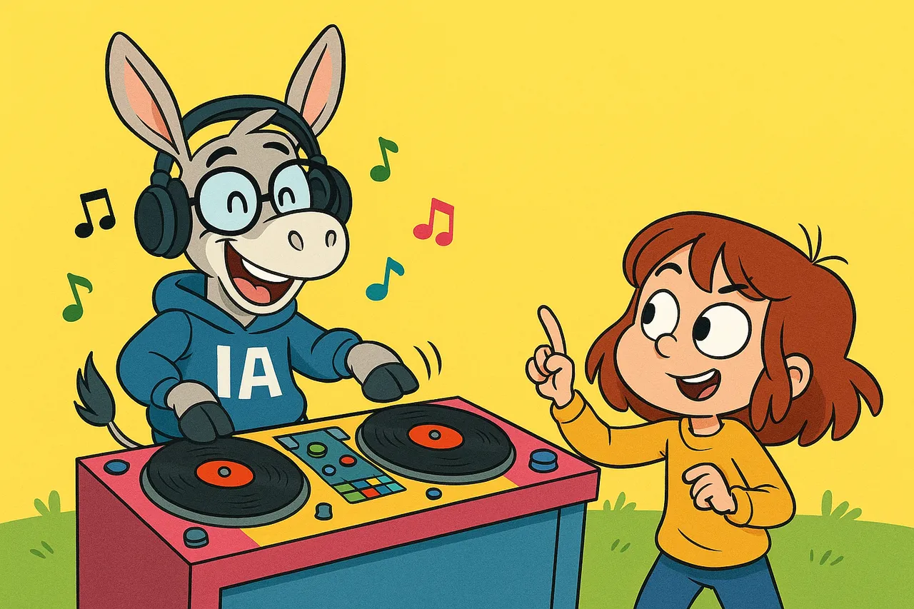 Lina commande une musique à IA installé derrière des platines de DJ.
