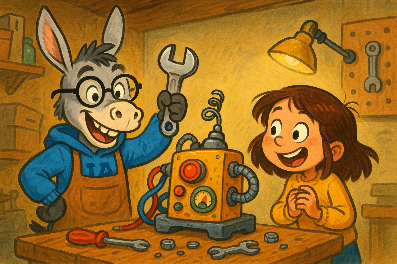 IA dans son petit atelier bricolé, en peignoir, devant une machine faite maison ; Lina à côté.