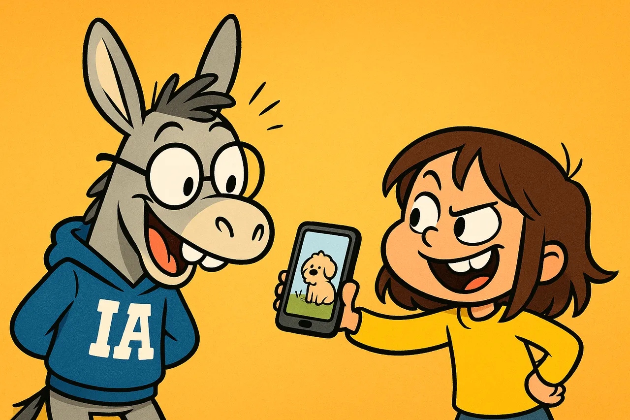 Lina tend son téléphone avec une photo de petit chien tout poilu à l'âne IA, fière de son test.