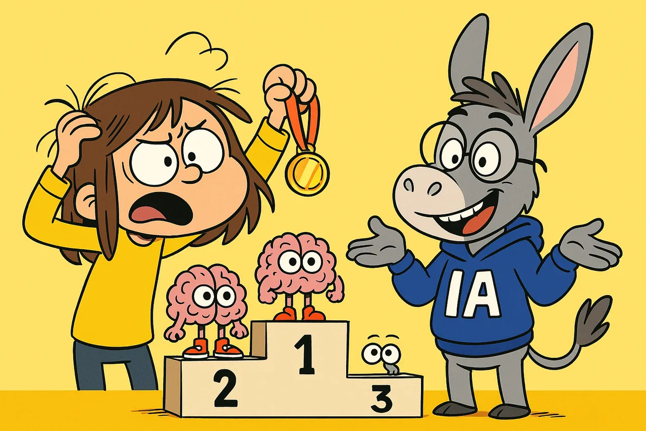 Lina, dépassée, brandit la médaille sans savoir à qui la donner ; tous les cerveaux la regardent.