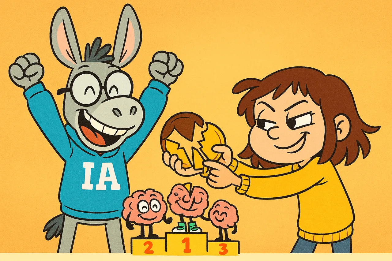 Lina découpe la médaille en trois et en donne une part à chaque cerveau ; IA ravi.