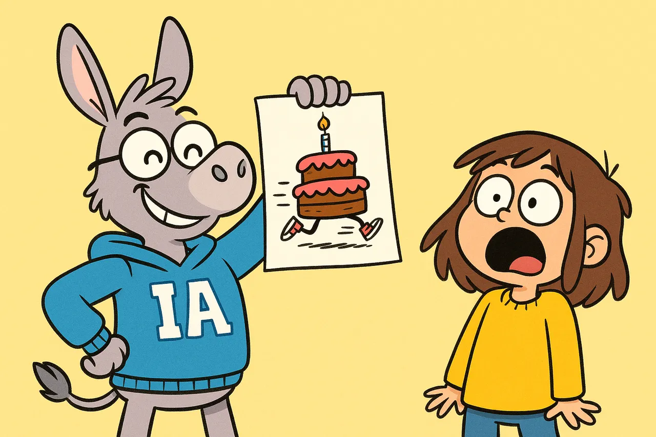 IA brandit fièrement un dessin de gâteau avec des baskets qui court.
