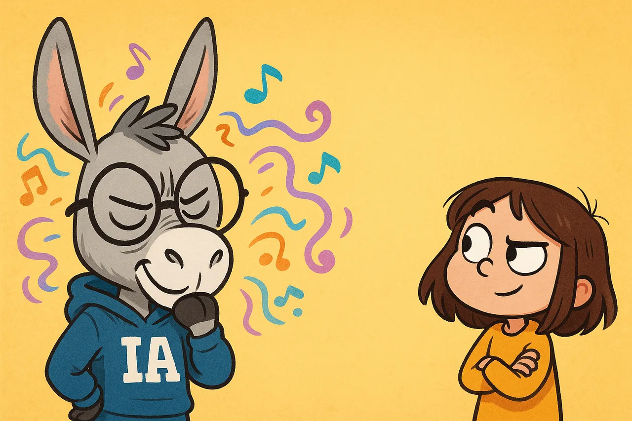 IA, concentré, écoute la voix de Lina, des ondes sonores tournent autour de ses oreilles.