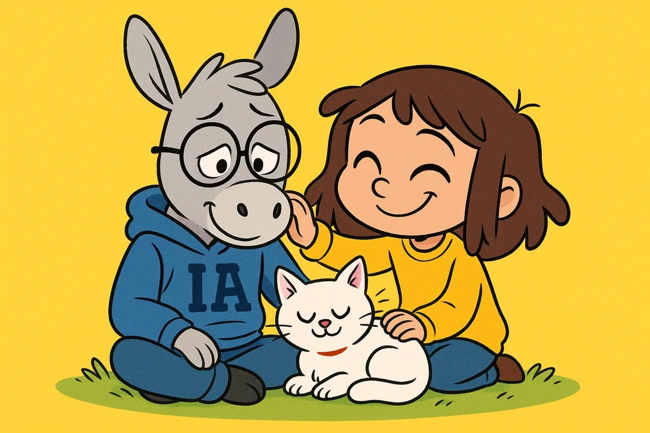 Lina et l'âne IA côte à côte, complices, le chat blanc entre eux
