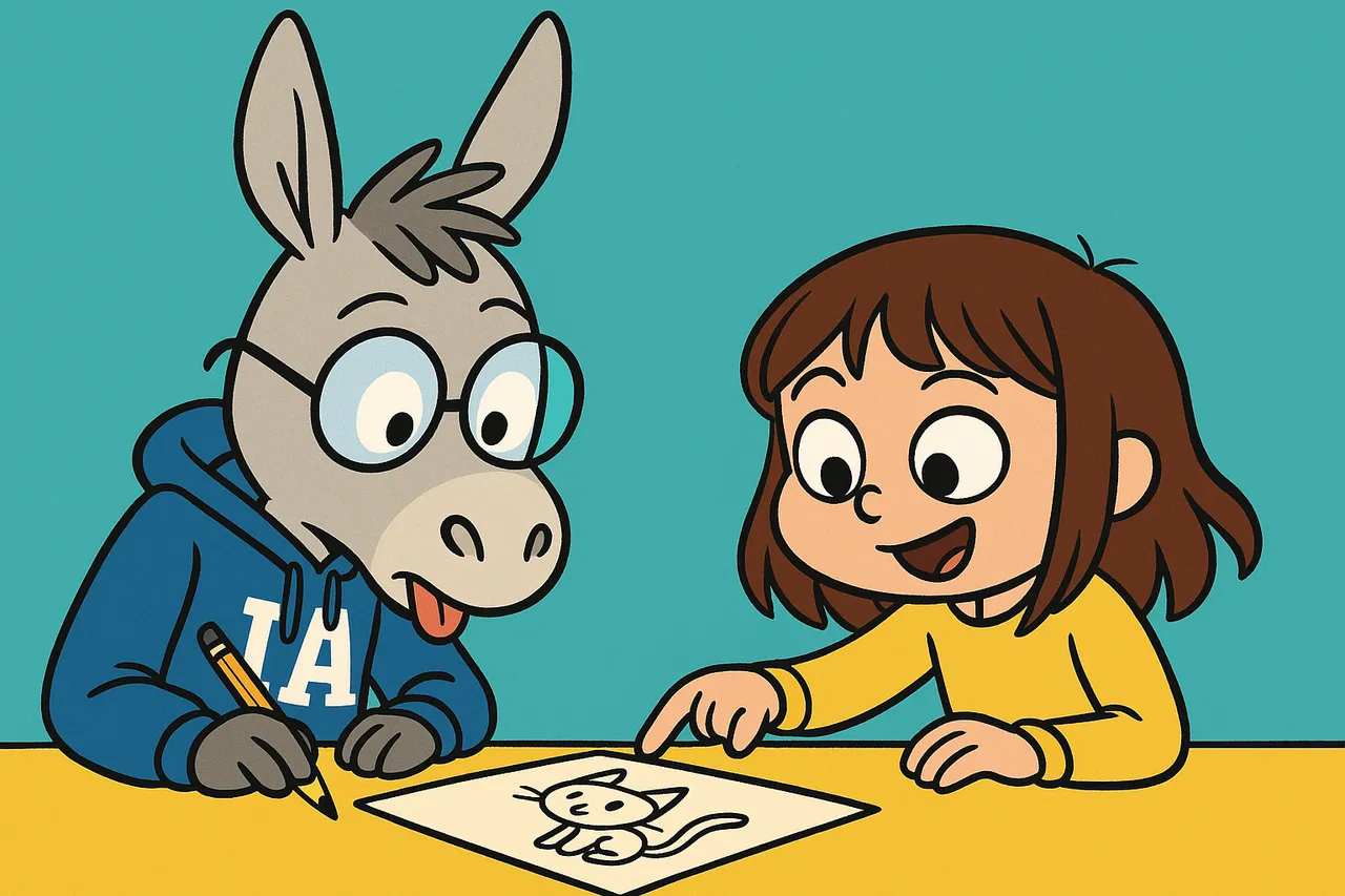 Lina corrige doucement le dessin avec son doigt, IA observe attentivement