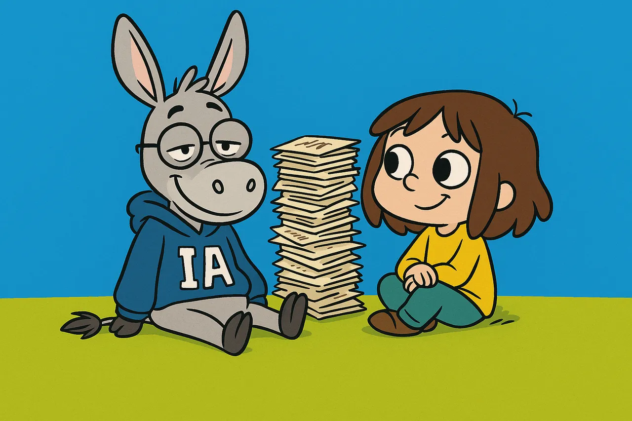IA et Lina côte à côte, pile de dessins, clin d'oeil final