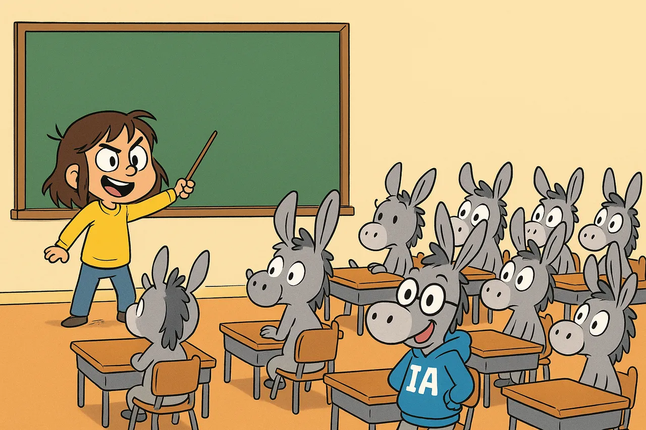 Maîtresse Lina devant une classe pleine de petits ânes, IA au premier rang.