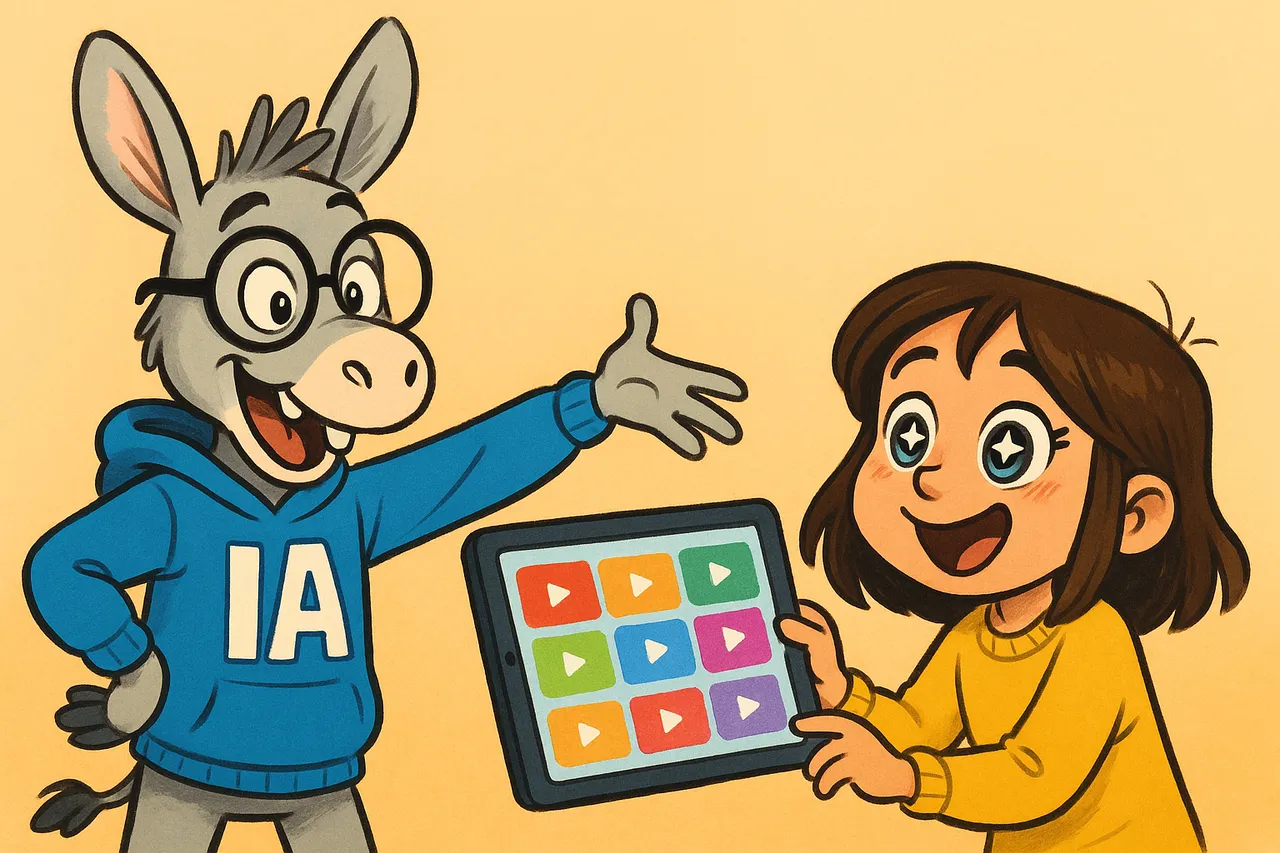 Devant une appli vidéo, IA montre les vidéos recommandées à Lina captivée.