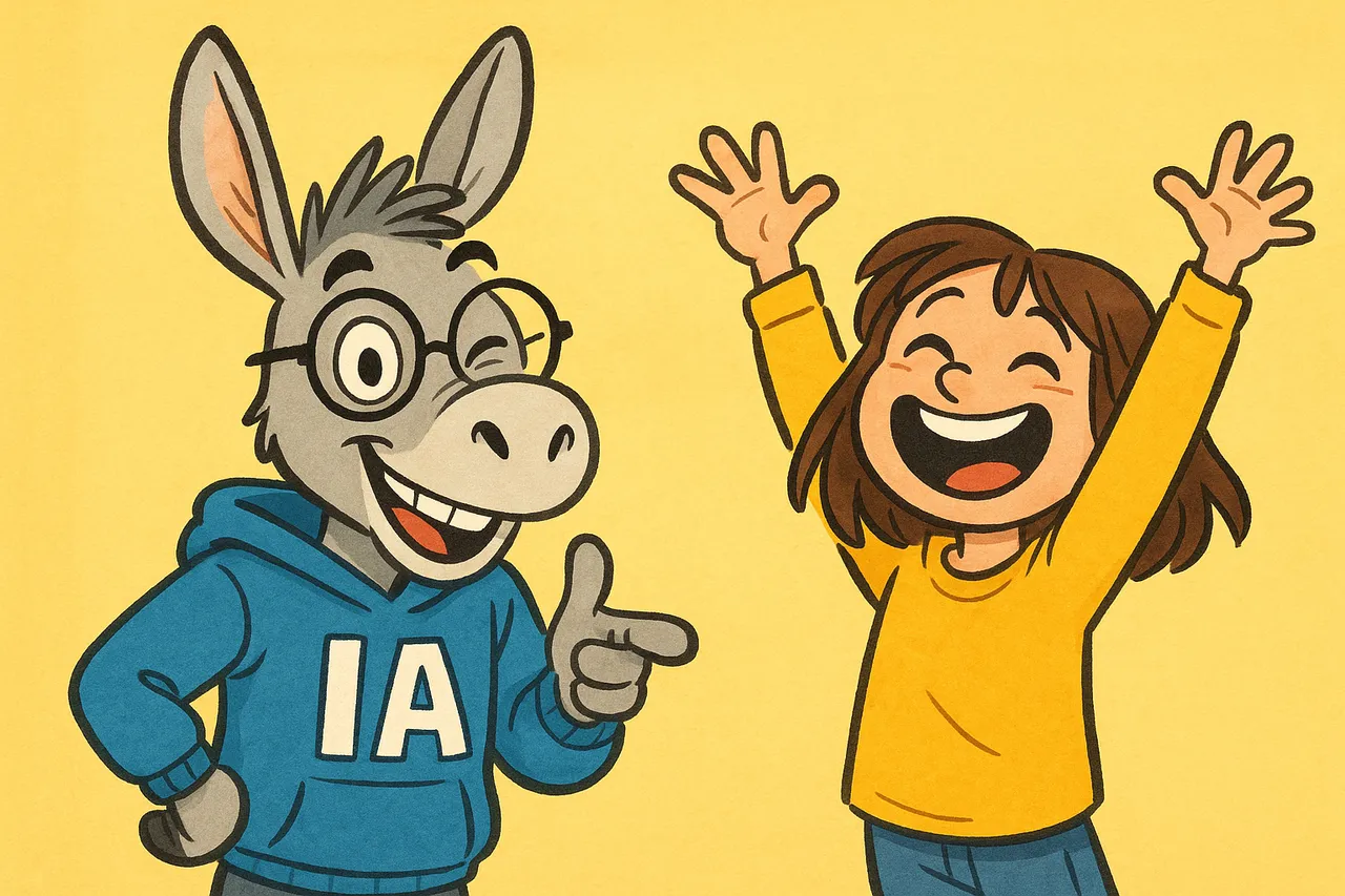 IA fait un clin d'œil malicieux ; Lina, vaincue, lève les bras en riant.