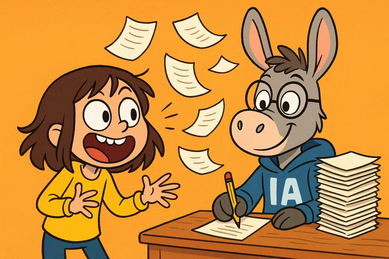 Lina parle vite, des feuilles apparaissent et s'empilent sur le petit bureau de IA.