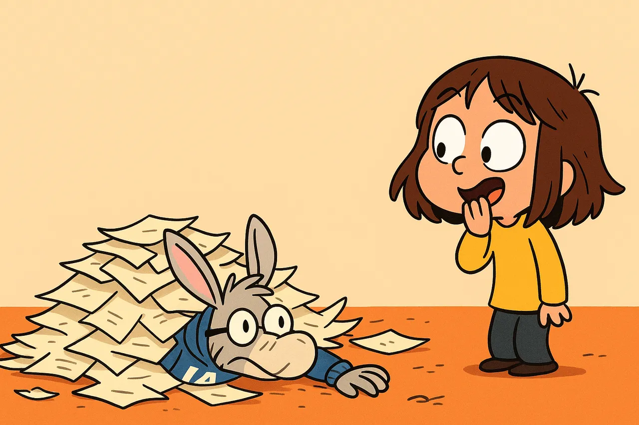 IA disparaît sous un tas de feuilles éparpillées par terre, seules ses oreilles dépassent.