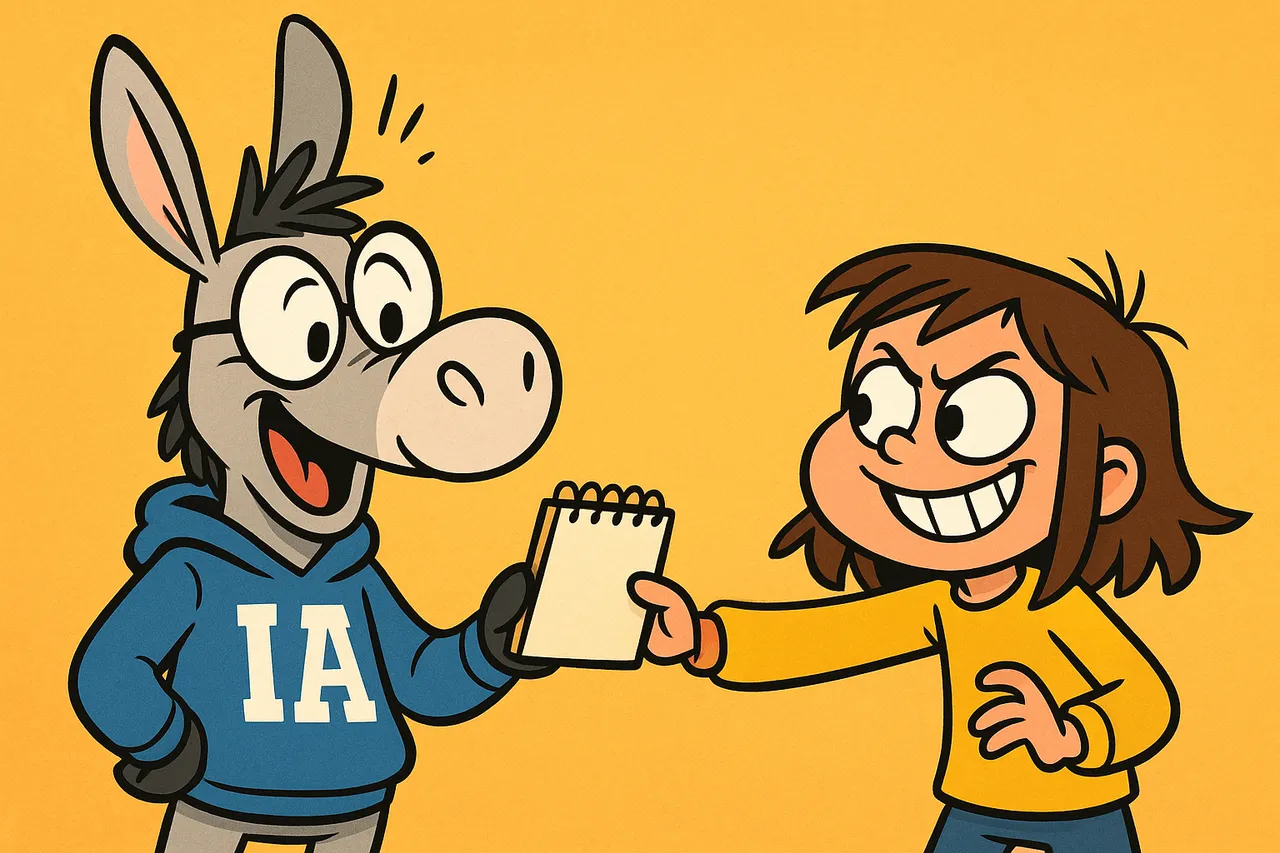 Lina tend à IA un petit carnet où tout est écrit.