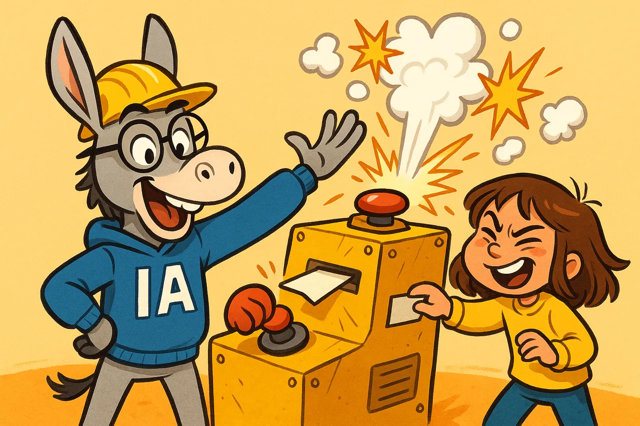 Lina glisse une carte-question dans la machine, IA appuie sur le bouton, tout content.